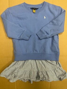 Polo Ralph Lauren Girls Blue Crewneck Sweatshirt Dress with Striped Ruffle Hem